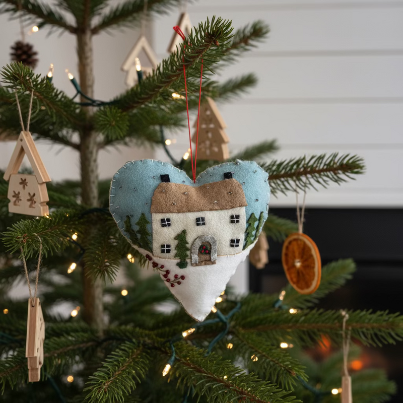Felt Snowy Cottage Scene Heart