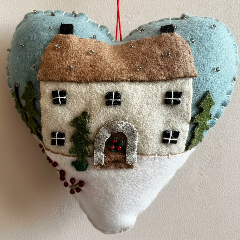 Felt Snowy Cottage Scene Heart