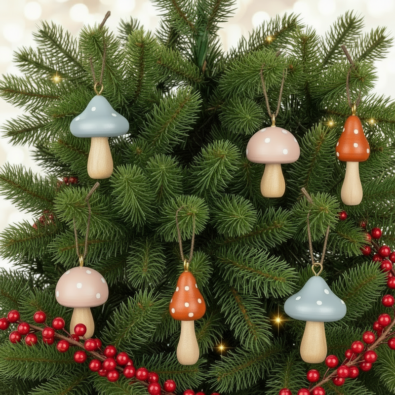 Six Miniature Wooden Scandi Toadstools