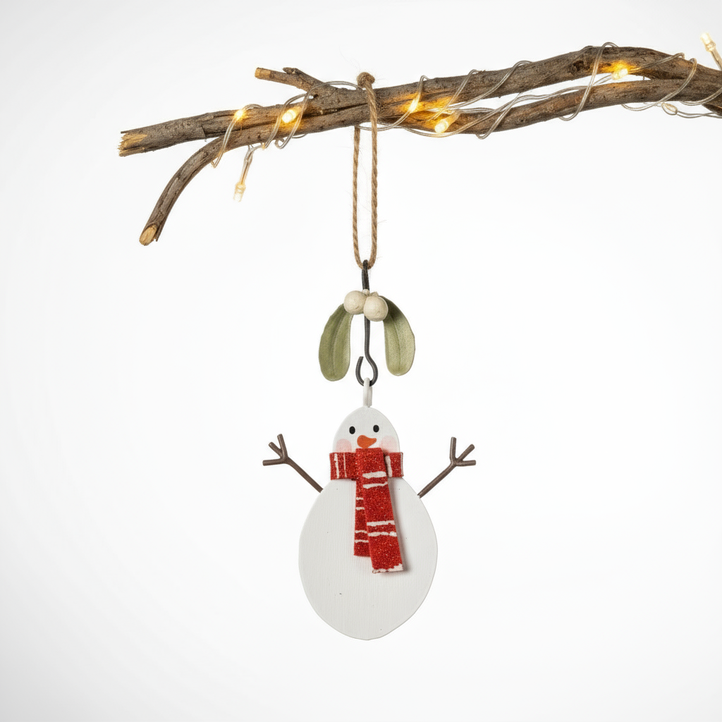 Decorative snowman ornament with a red scarf and mistletoe on a white background