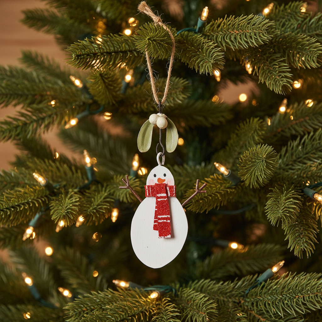 Decorative snowman ornament with a red scarf and mistletoe on a white background