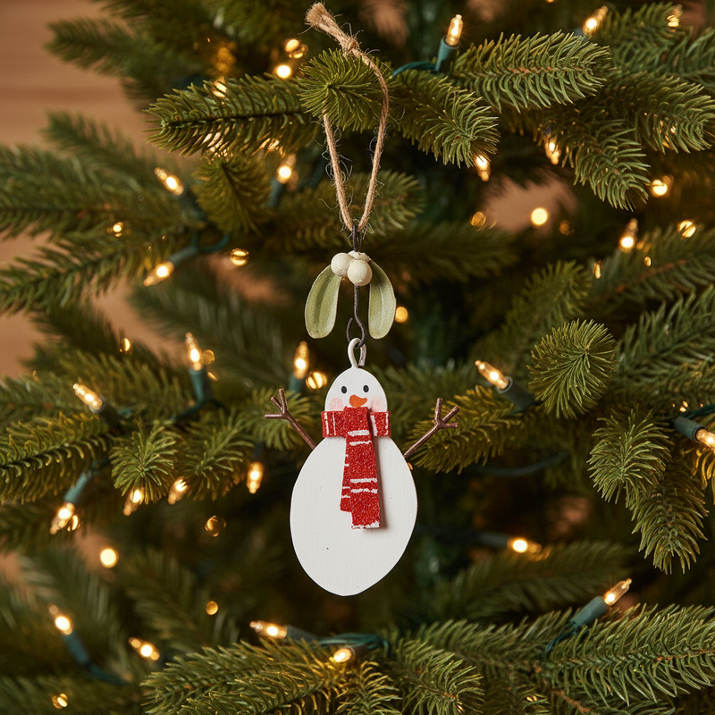 Decorative snowman ornament with a red scarf and mistletoe on a white background