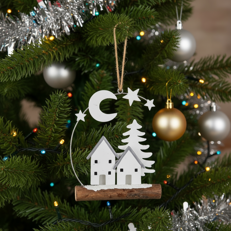 Decorative hanging ornament with houses, trees, and moon on a white background