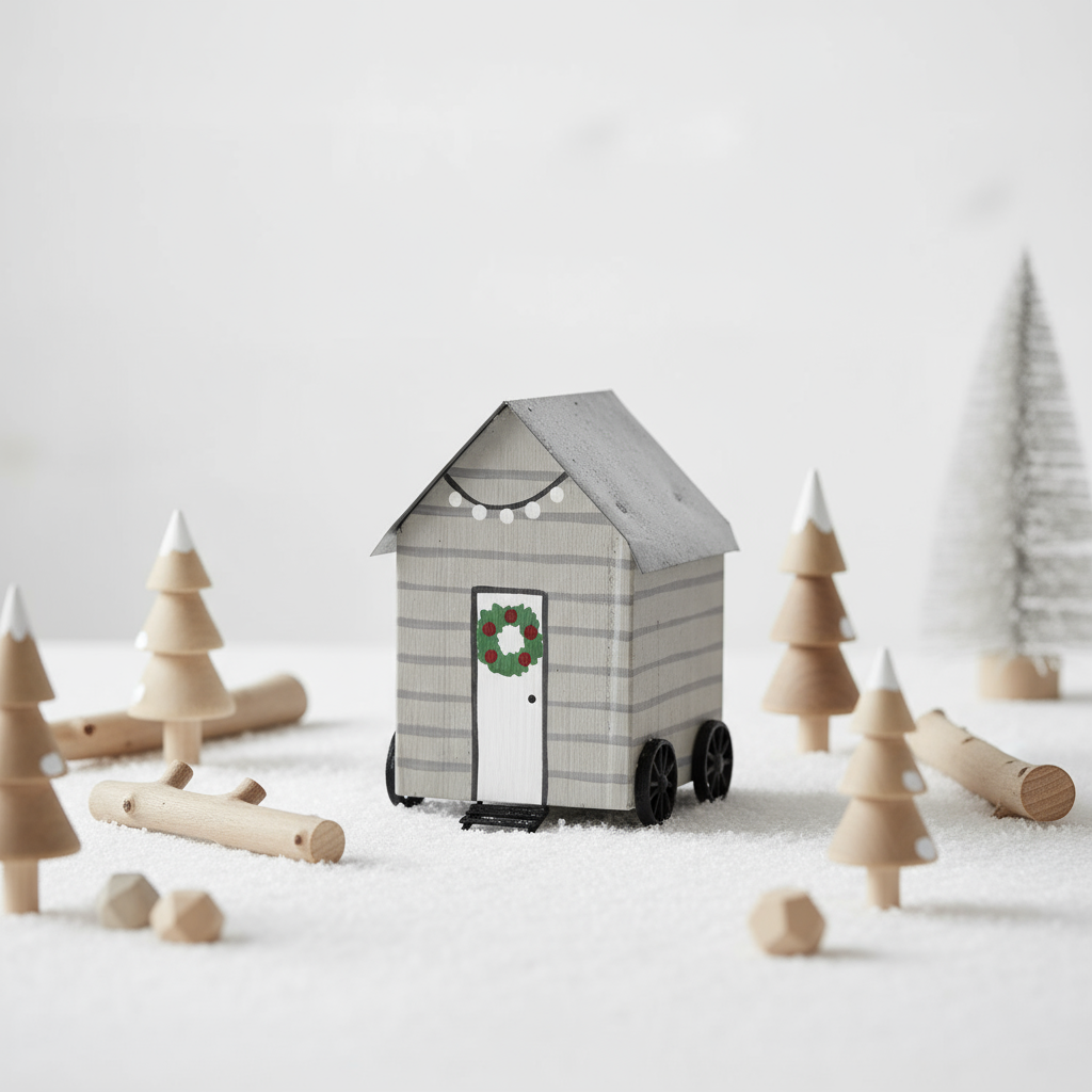 Small decorative house with a wreath on the door and string lights on the roof, on a white background.