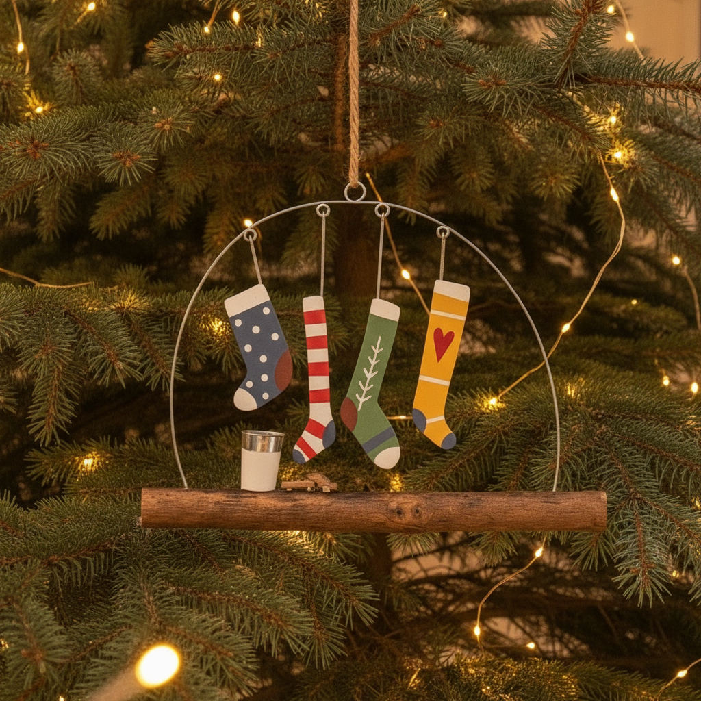 Decorative hanging ornament with colorful socks and a cup on a white background