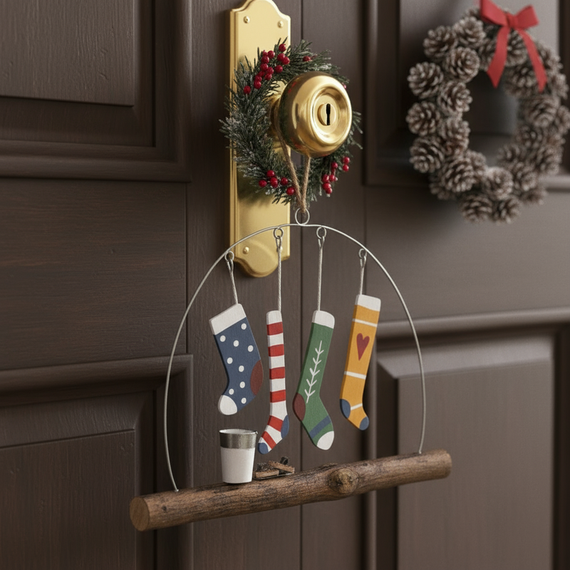 Decorative hanging ornament with colorful socks and a cup on a white background