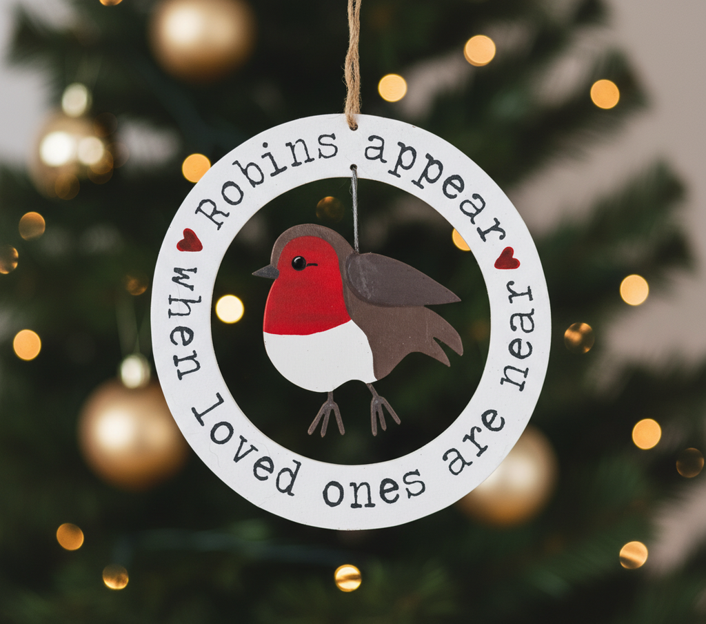 Decorative hanging sign with a robin illustration and text on a white background
