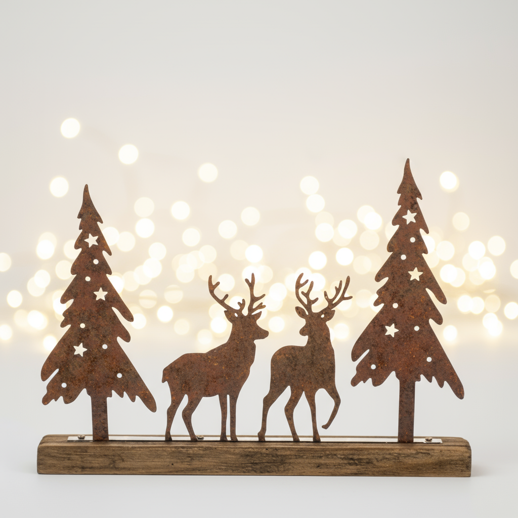 Decorative metal scene with two deer and two trees on a white background