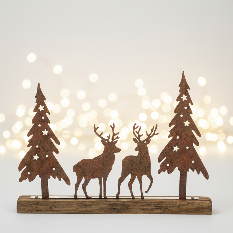 Decorative metal scene with two deer and two trees on a white background