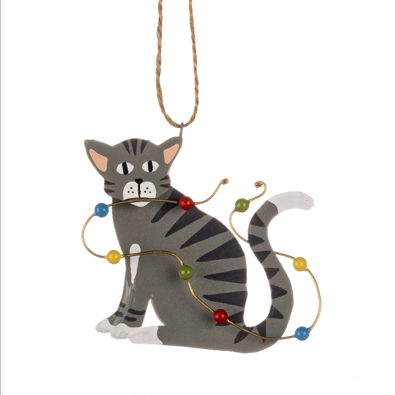 Grey Cat with Christmas Lights