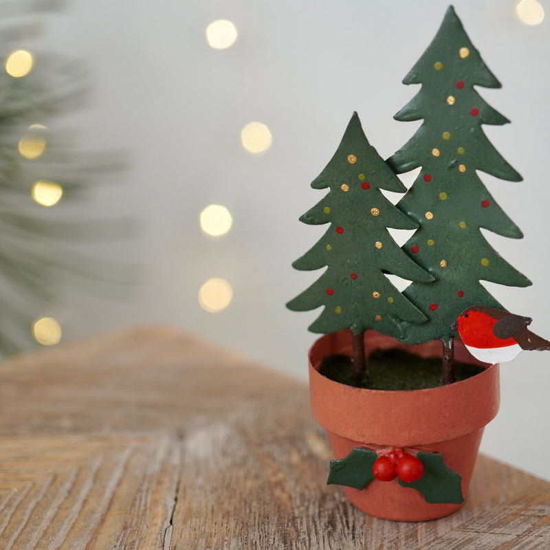 Robin and Christmas Trees in Pot